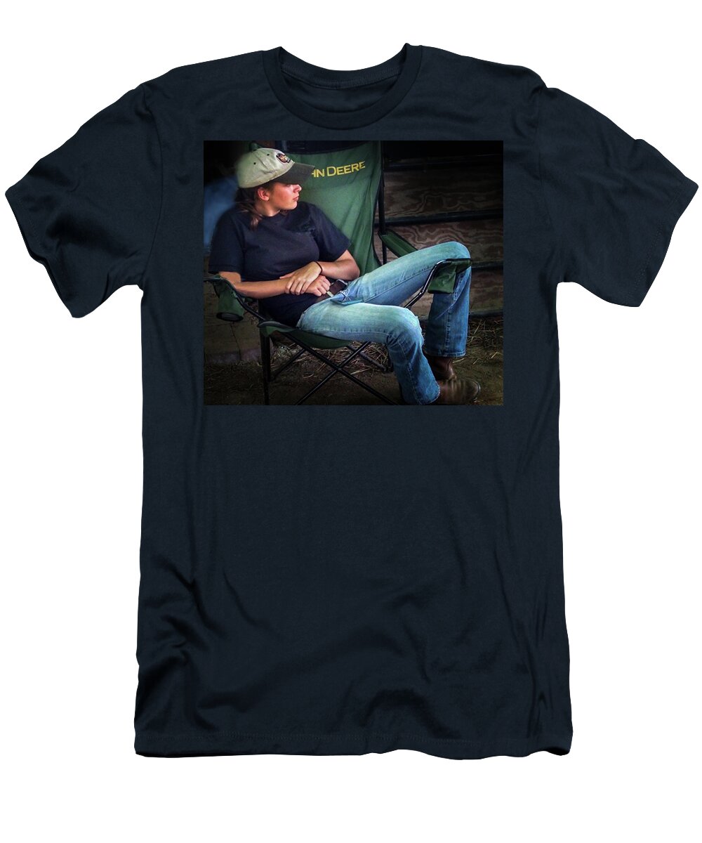 2017 T-Shirt featuring the photograph Girl at the Fair in the John Deere Chair by George Harth
