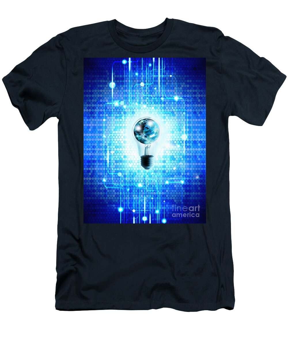 Abstract T-Shirt featuring the photograph Globe And Light Bulb With Technology Background by Setsiri Silapasuwanchai