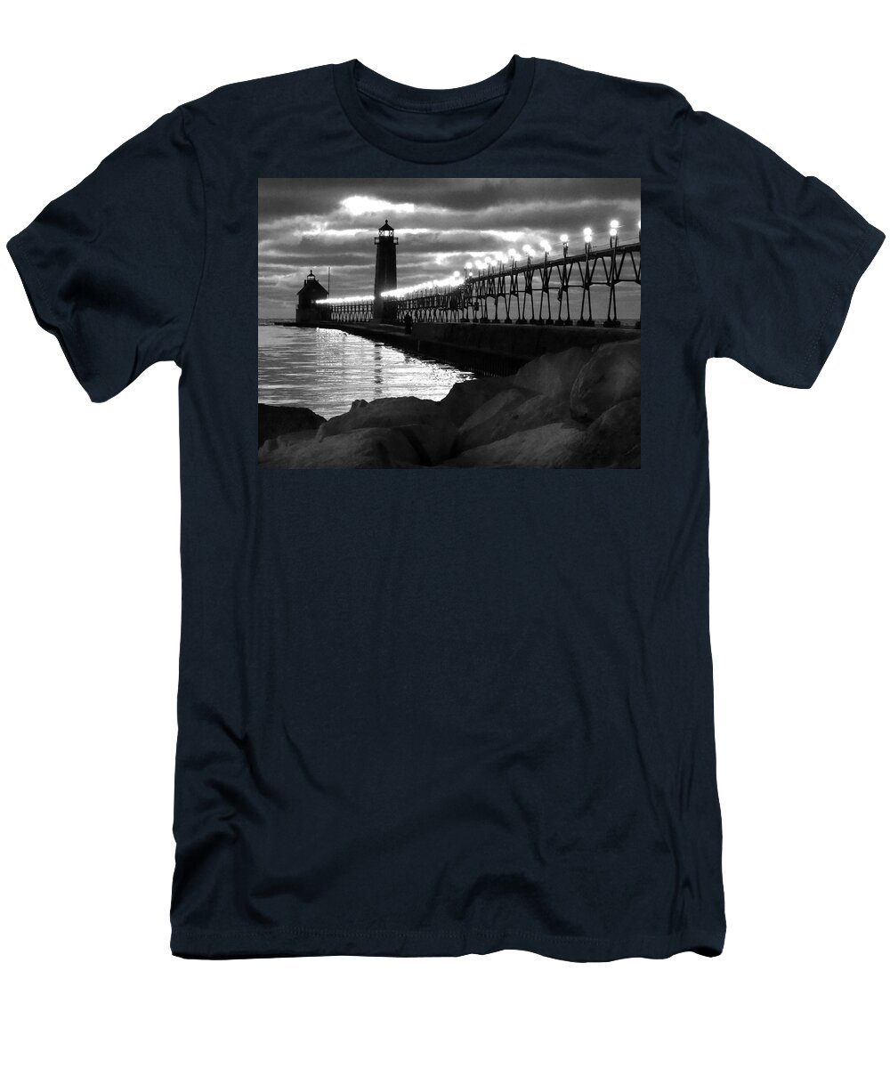 Evening T-Shirt featuring the photograph Grand Haven Lighthouse Evening B W by David T Wilkinson