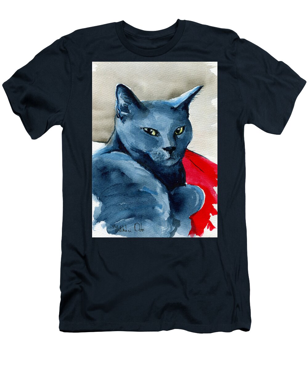 Cat T-Shirt featuring the painting Handsome Russian Blue Cat by Dora Hathazi Mendes