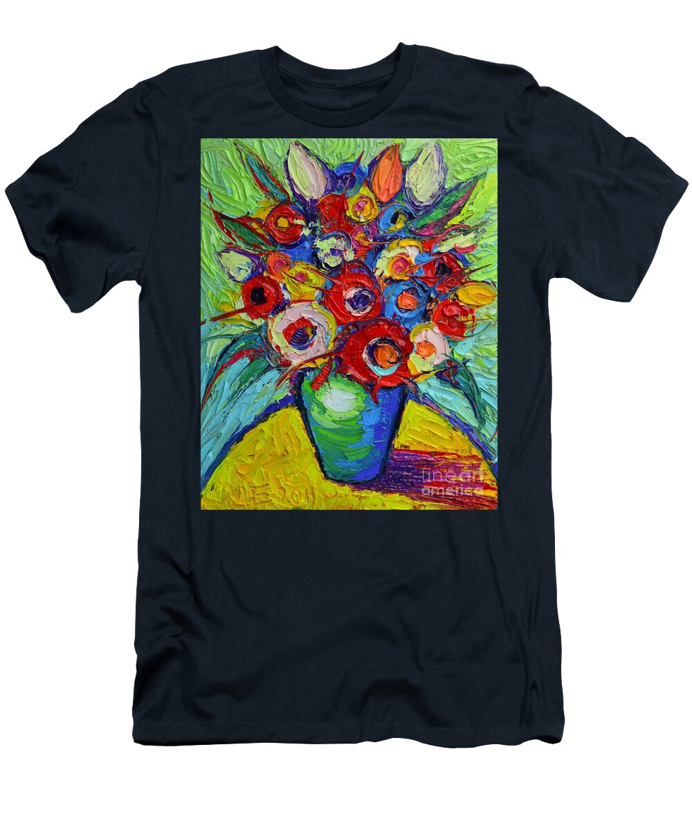 Abstract T-Shirt featuring the painting Happy Bouquet Of Poppies And Colorful Wildflowers On Round Yellow Table Impasto Abstract Flowers by Ana Maria Edulescu