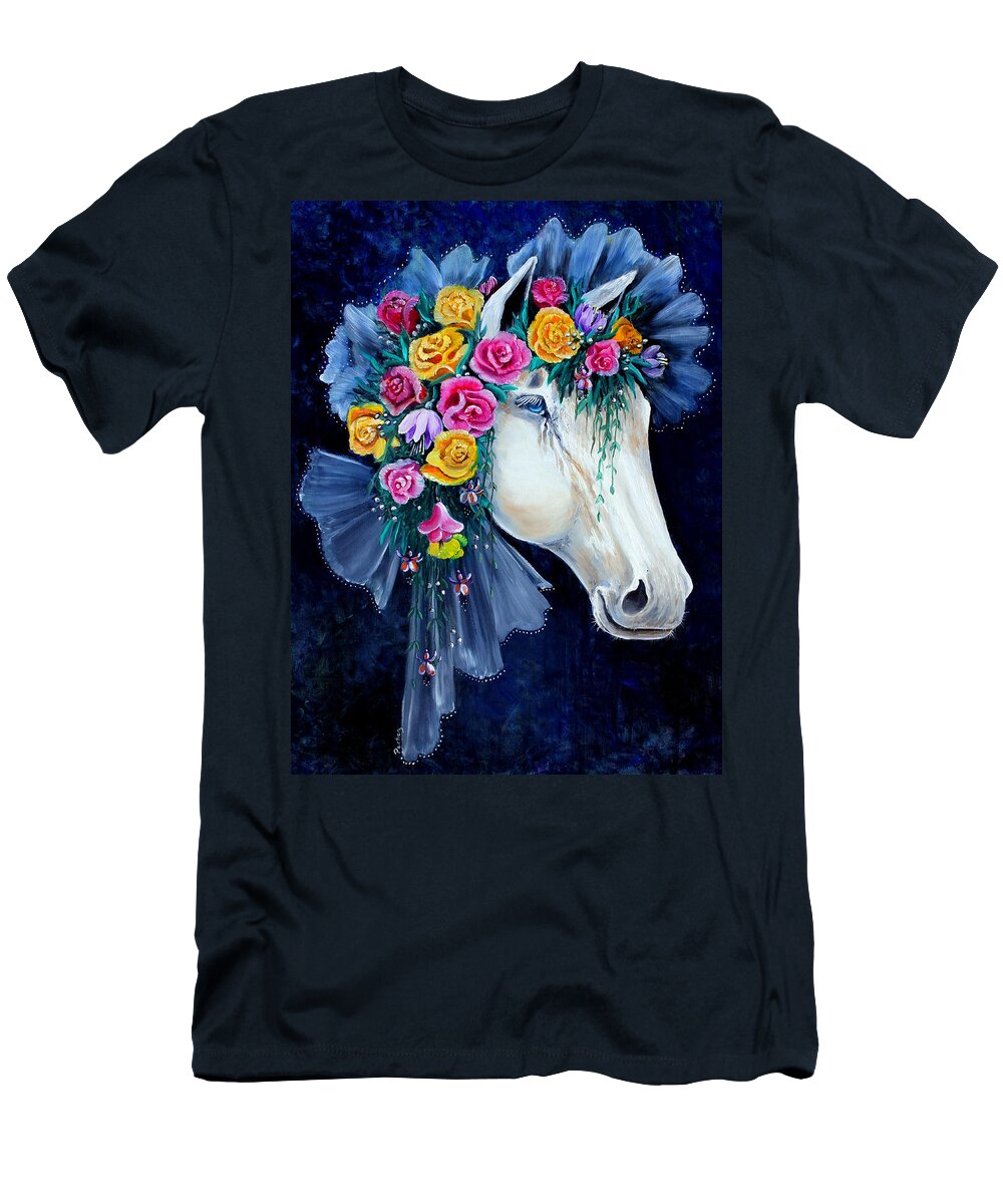 Flowers T-Shirt featuring the painting Horse with flowers by Pechez Sepehri