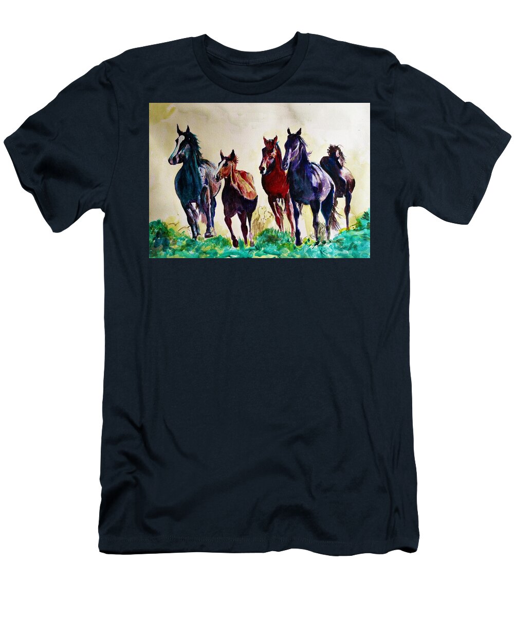 Horse T-Shirt featuring the painting Horses in wild by Khalid Saeed
