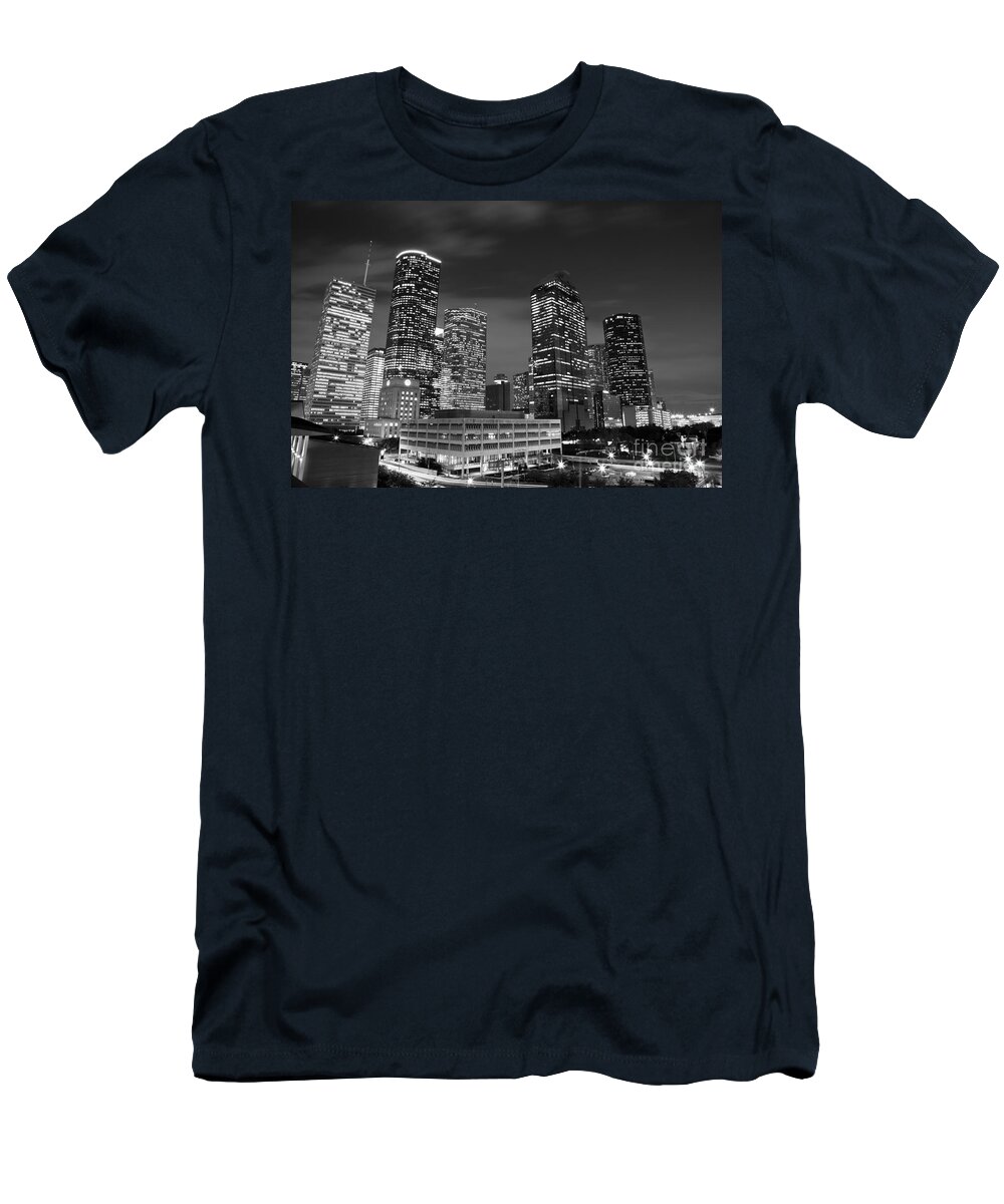 Downtown T-Shirt featuring the photograph Houston by night in black and white by Olivier Steiner