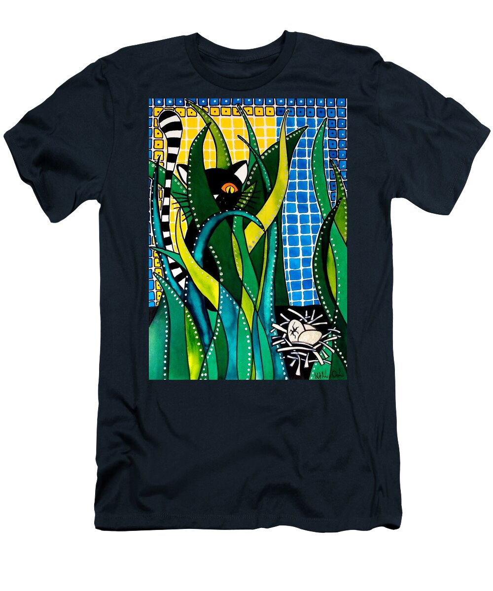 Cat Art T-Shirt featuring the painting Hunter in Camouflage - Cat Art by Dora Hathazi Mendes by Dora Hathazi Mendes