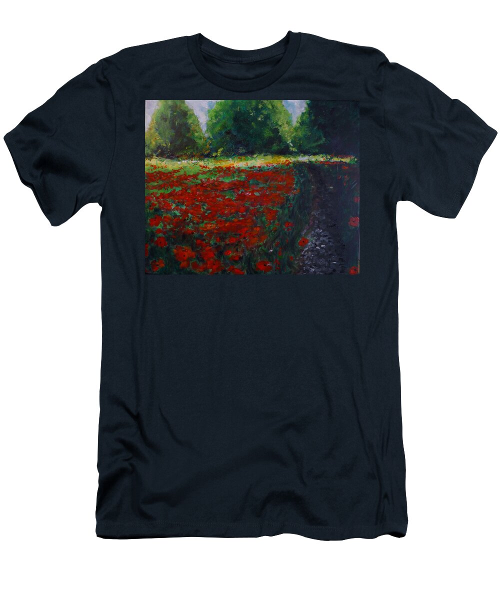 Poppy T-Shirt featuring the painting Impressionist Poppy Field by Lizzy Forrester