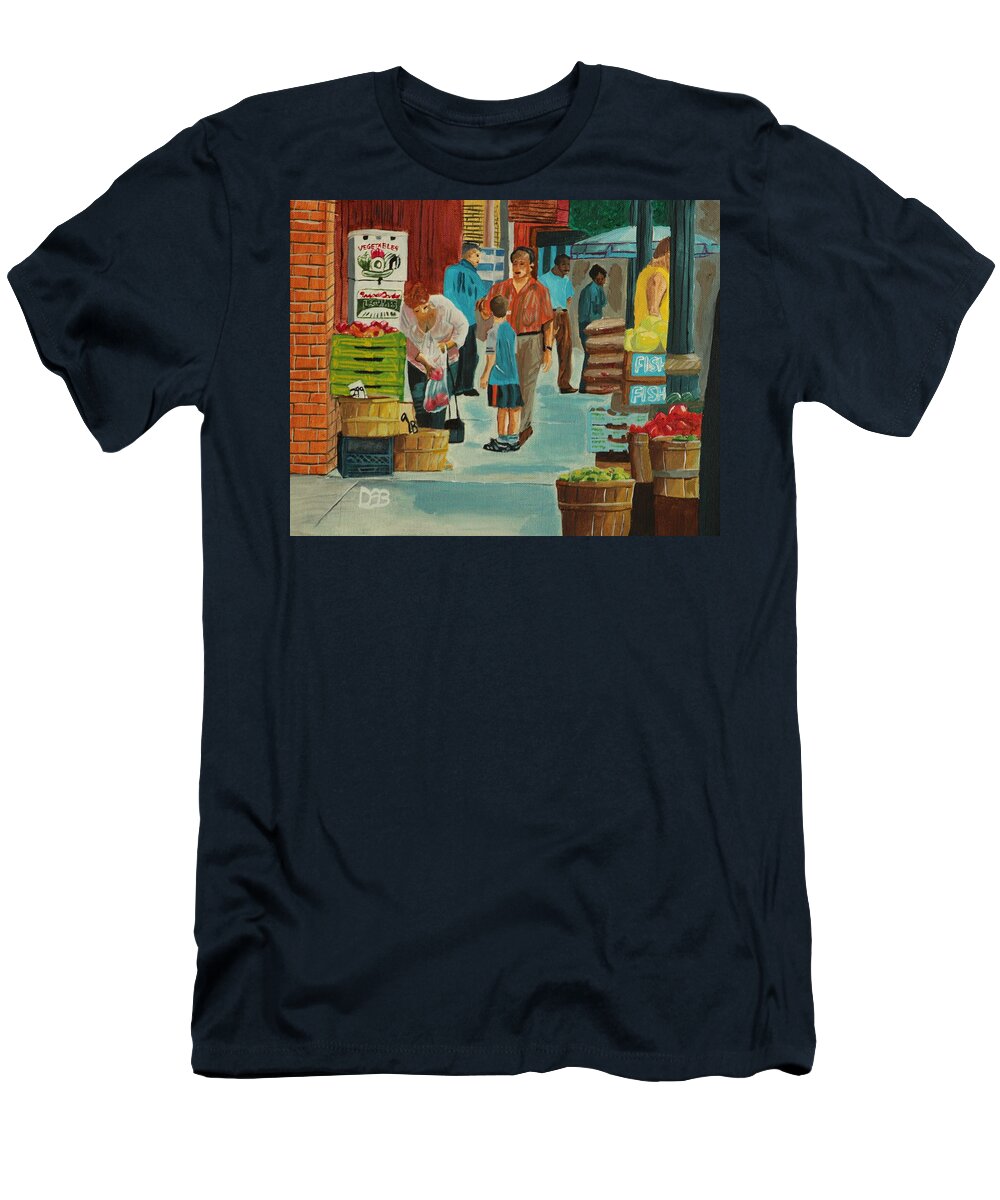 Cityscape T-Shirt featuring the painting Jame St Fish Market by David Bigelow