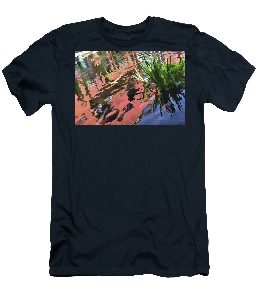 Linda Brody T-Shirt featuring the digital art Koi Pond Reflections Abstract I by Linda Brody