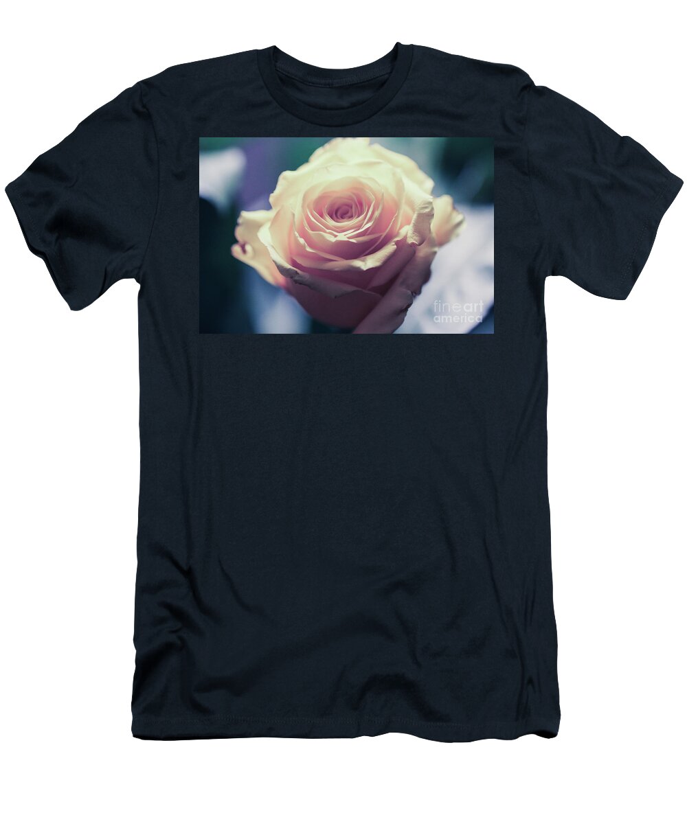 Art T-Shirt featuring the photograph Light Pink Head Of A Rose On Blue Background by Amanda Mohler