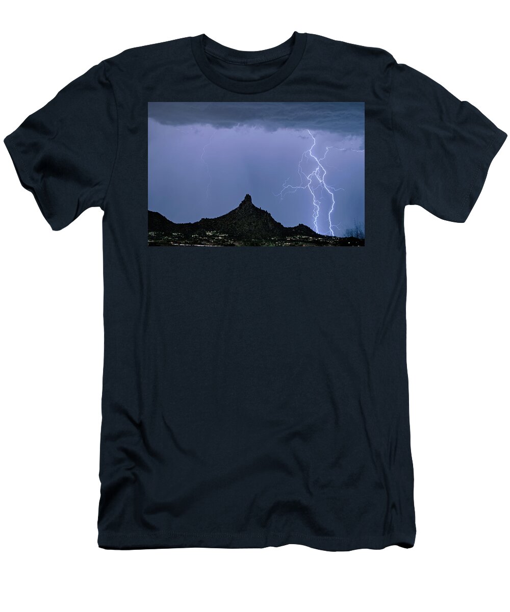 Lightning T-Shirt featuring the photograph Lightning Bolts and Pinnacle Peak North Scottsdale Arizona by James BO Insogna