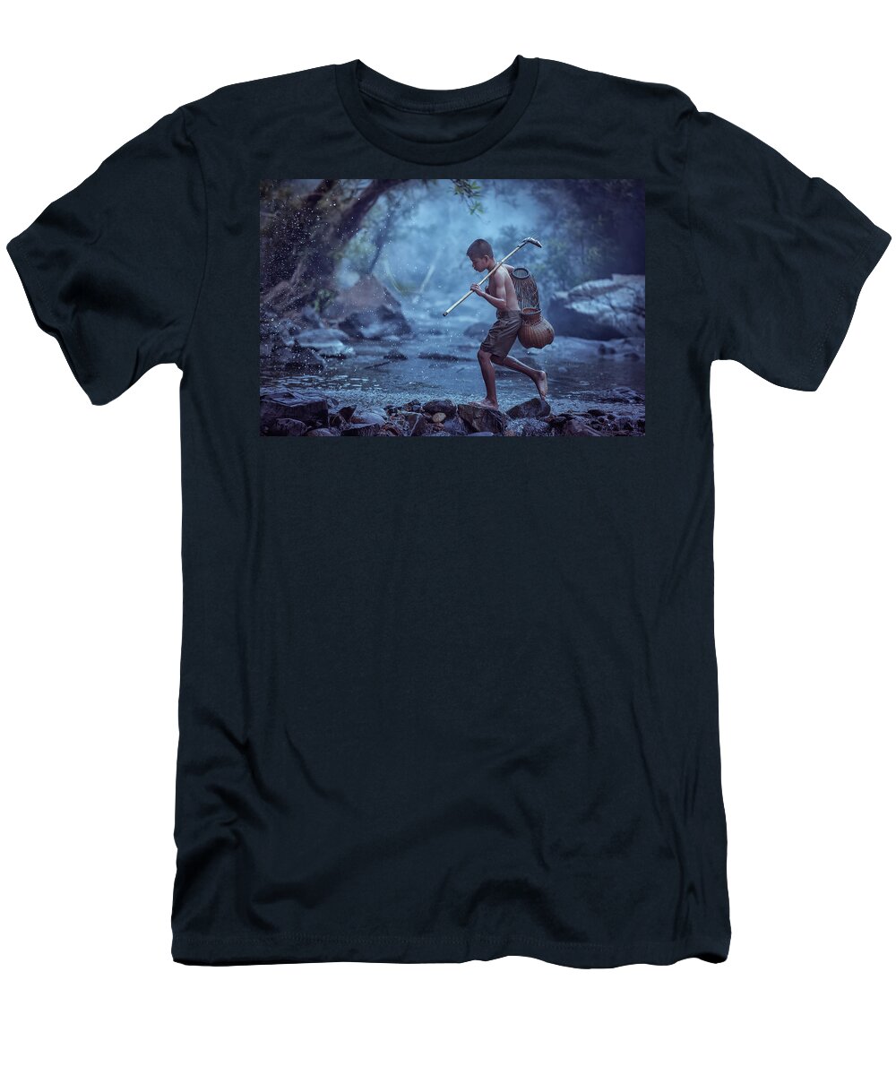 Fishing T-Shirt featuring the photograph Little asian kid fishing in the river countryside thailand. by Somchai Sanvongchaiya