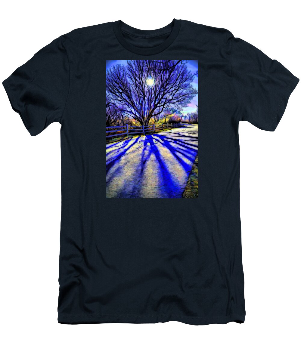 Colorful Tree T-Shirt featuring the digital art Long afternoon shadows by Lilia D