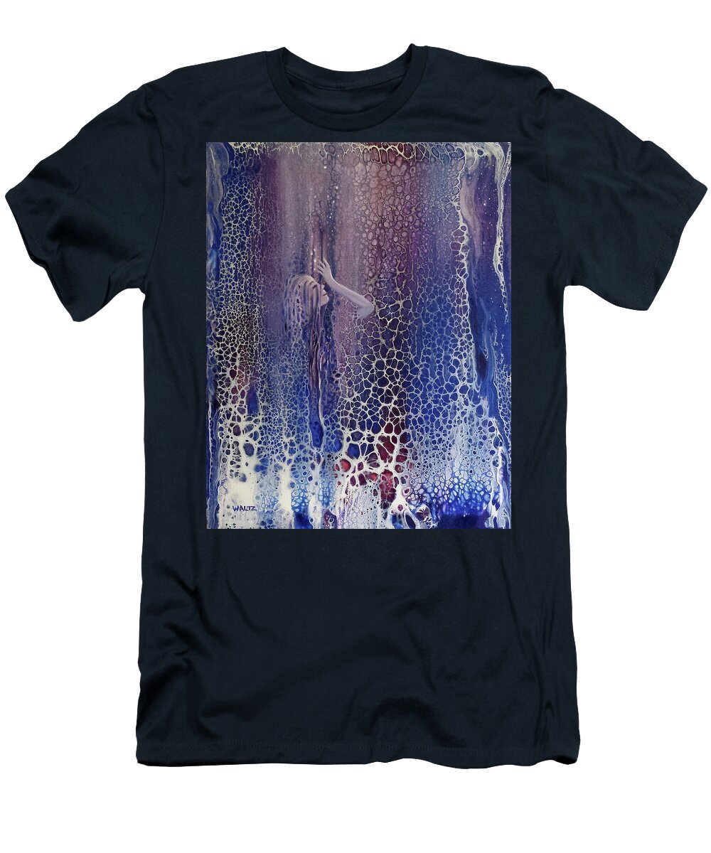 Poured Paint Woman Shower Lost Work Purple Blue T-Shirt featuring the painting Lost In My Work by Beth Waltz