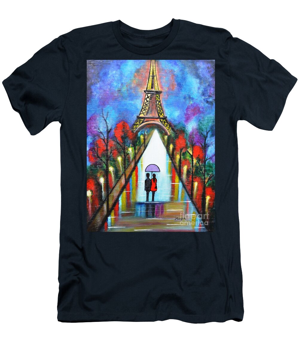 Paris T-Shirt featuring the painting Love in Paris Romantic painting giftart by Manjiri Kanvinde