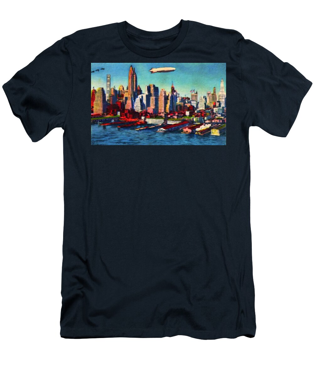 Lower Manhattan T-Shirt featuring the painting Lower Manhattan Skyline New York City by Vincent Monozlay