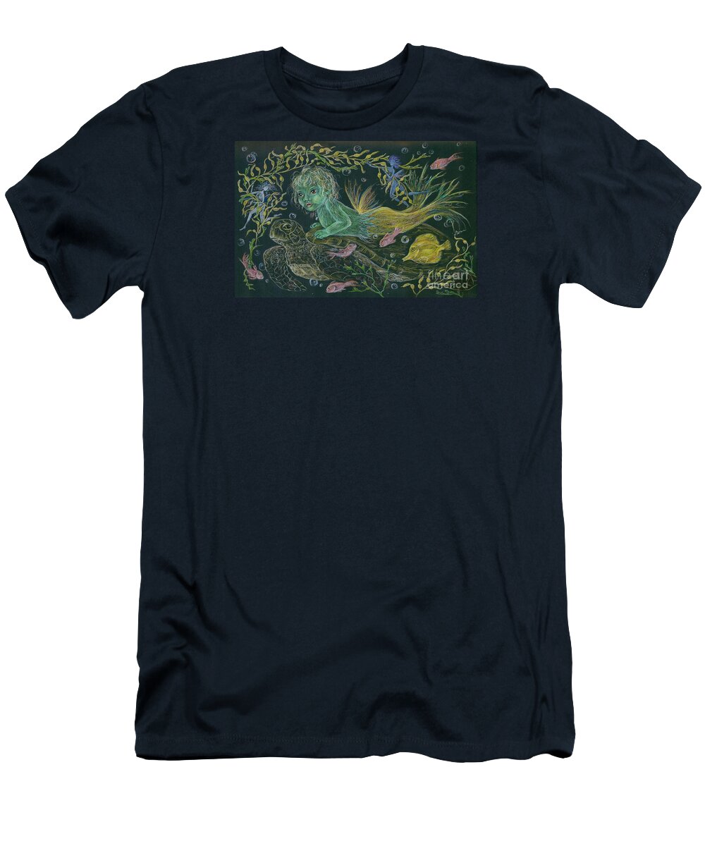 Turtle T-Shirt featuring the drawing Merbaby Green by Dawn Fairies