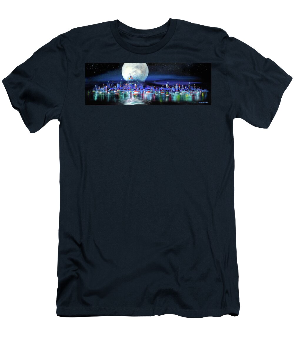 Full T-Shirt featuring the painting Moonlit Harbor by Anthony DiNicola