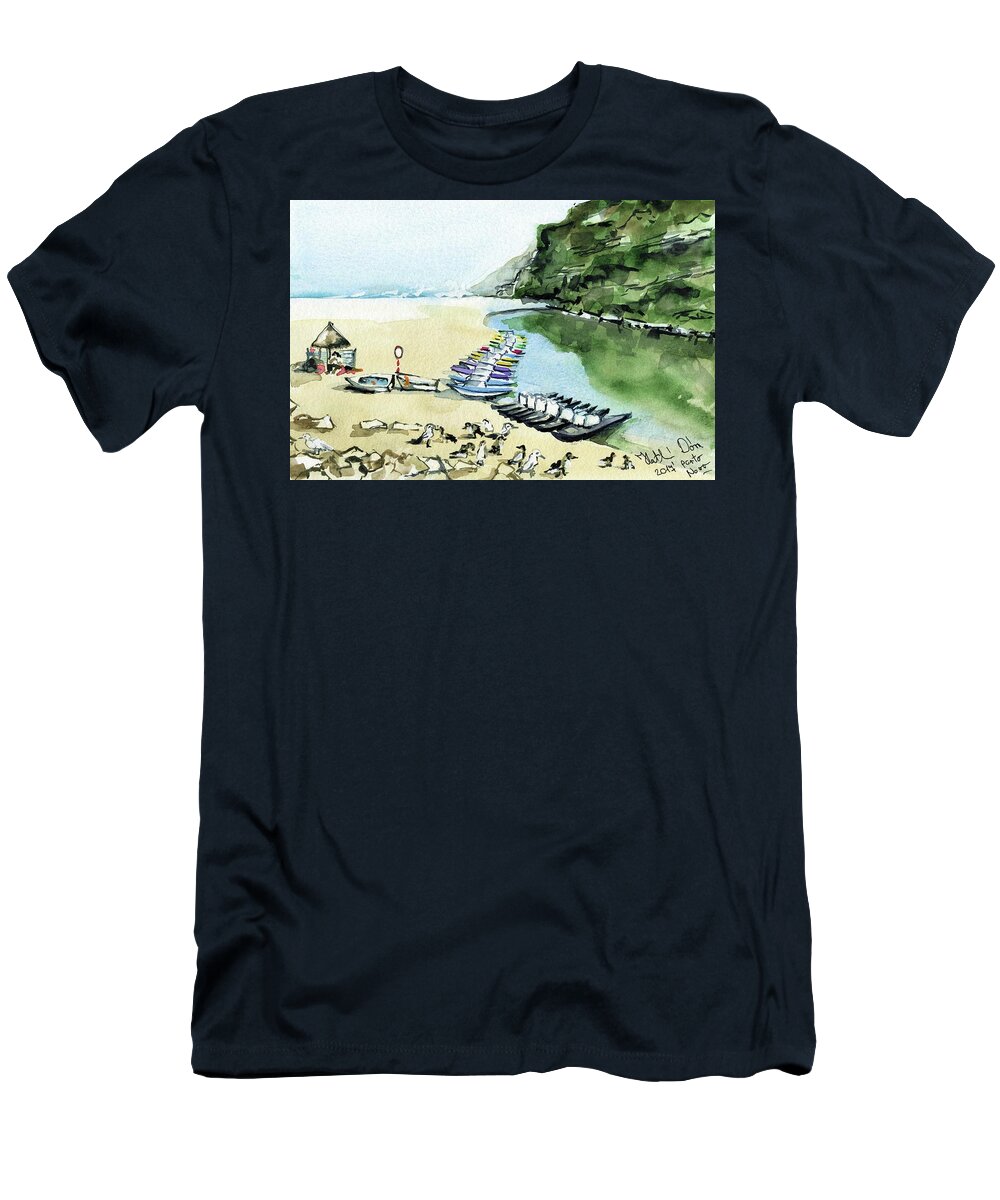Portugal T-Shirt featuring the painting Morning At Porto Novo Beach by Dora Hathazi Mendes