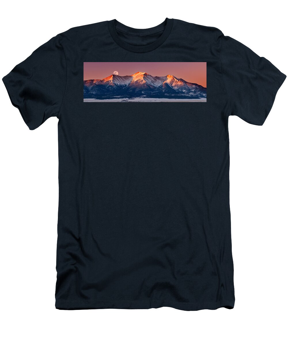 Pano T-Shirt featuring the photograph Mount Princeton Moonset at Sunrise by Darren White