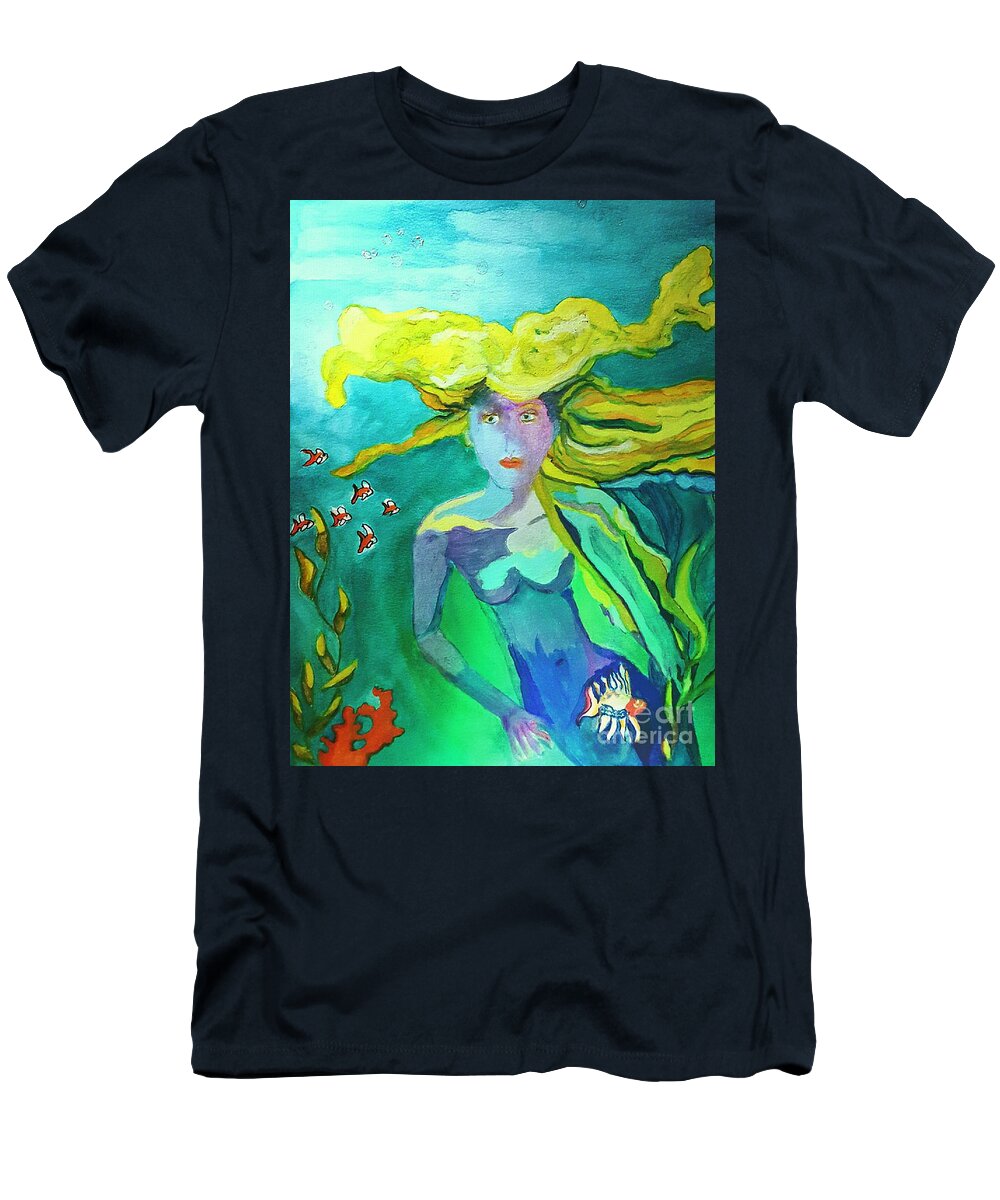 Floating Mermaid Hair T-Shirt featuring the mixed media Neo Mermaid 1 by Pamela Smale Williams
