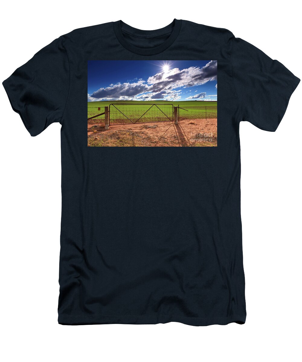 The Winter Sun Shines Down On The New Seasons Crop In A Paddock Near Ardrossan On South Australia's Yorke Pennisula T-Shirt featuring the photograph New growth by Bill Robinson