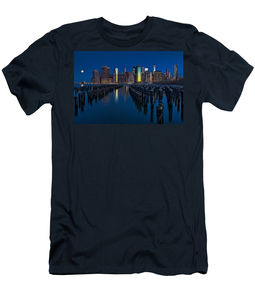 World Trade Center T-Shirt featuring the photograph New York City Moonset by Susan Candelario