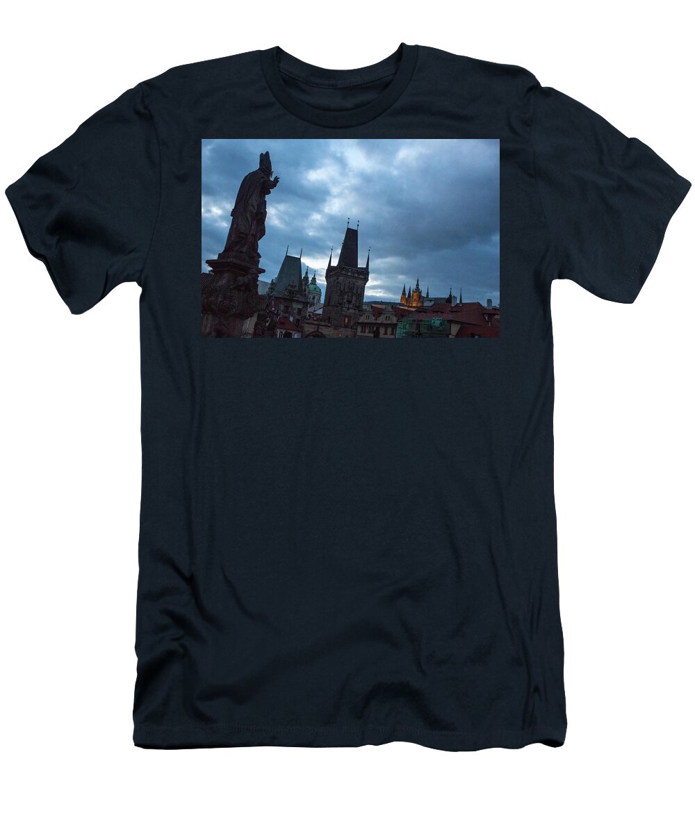 Prague T-Shirt featuring the photograph Night along the St. Charles Bridge by Matthew Wolf