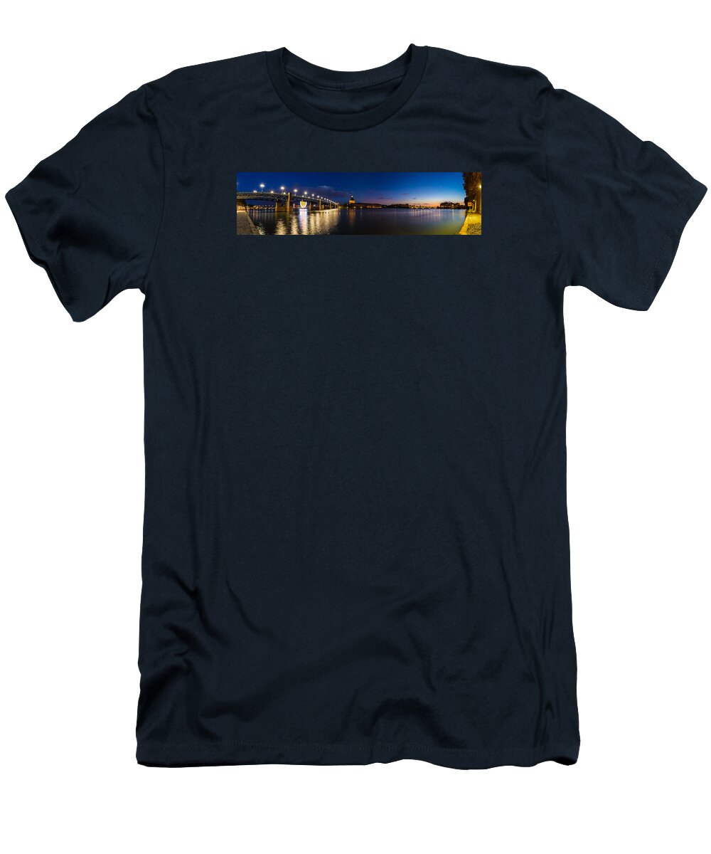 Bridge T-Shirt featuring the photograph Nightly panorama of the Pont Saint-Pierre by Semmick Photo