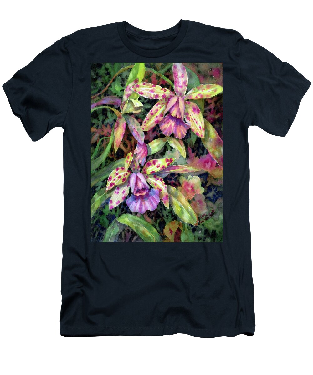Watercolor T-Shirt featuring the painting Orchid Garden I by Ann Nicholson