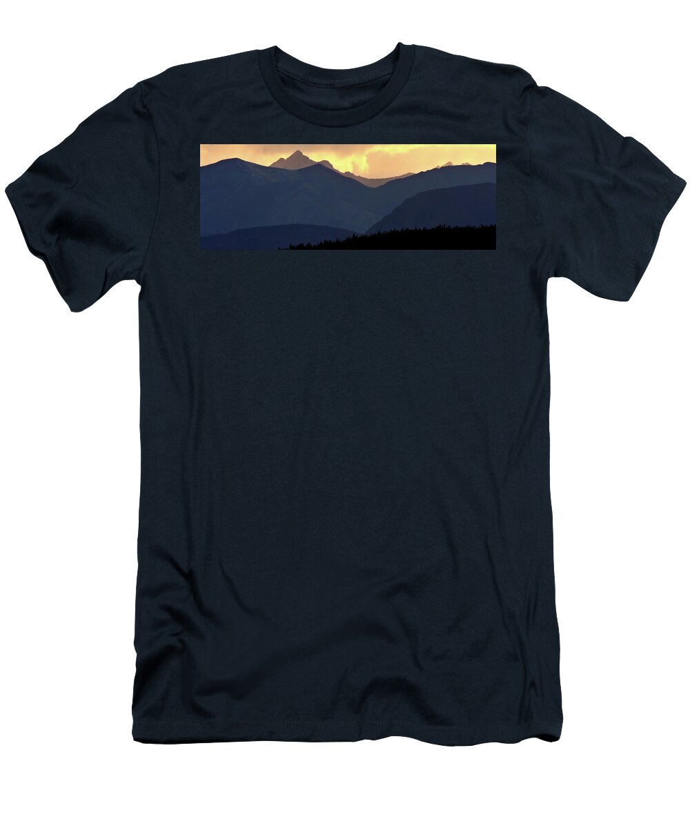  T-Shirt featuring the digital art Panoramic Rocky Mountain View at Sunset by Mark Duffy