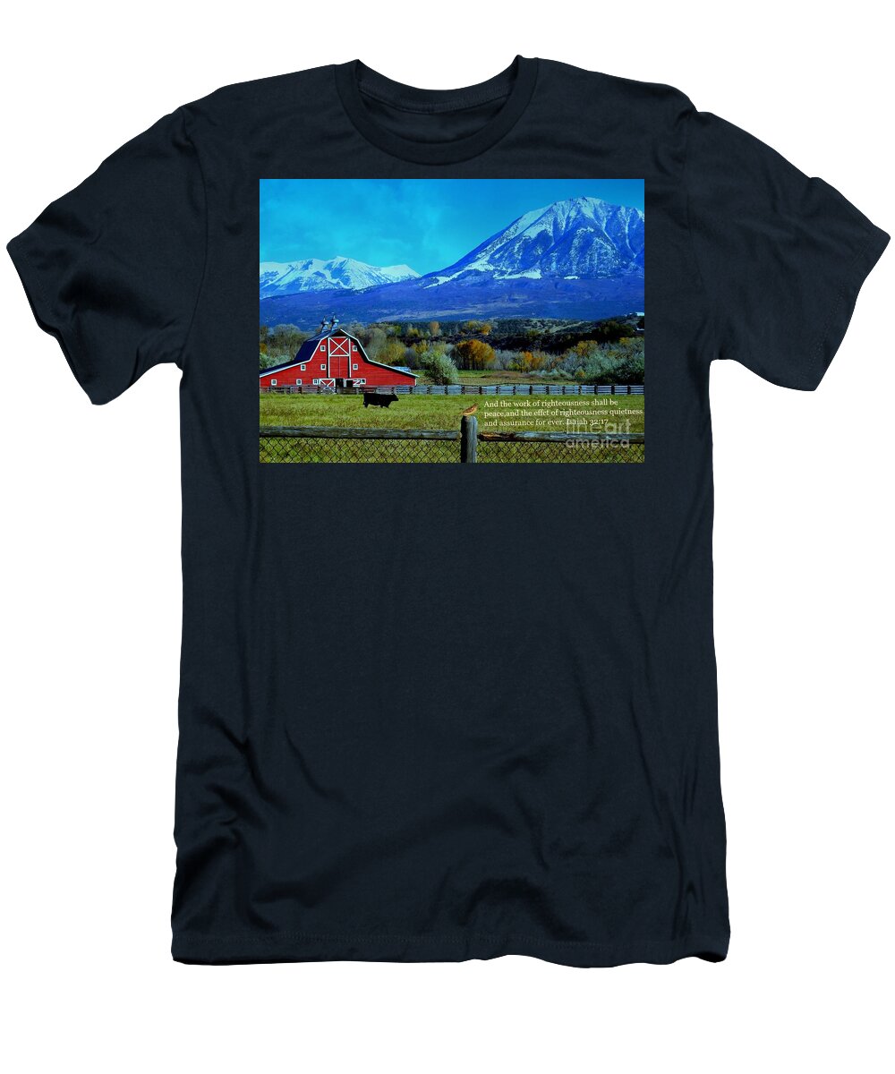 Red Barn T-Shirt featuring the digital art Paonia Mountain and Barn by Annie Gibbons