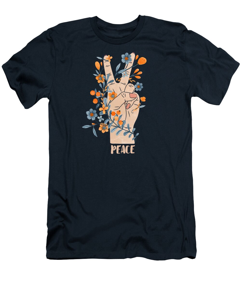 Peace T-Shirt featuring the painting Peace Sign With Orange Flowers, Blue Flowers And Vines by Little Bunny Sunshine
