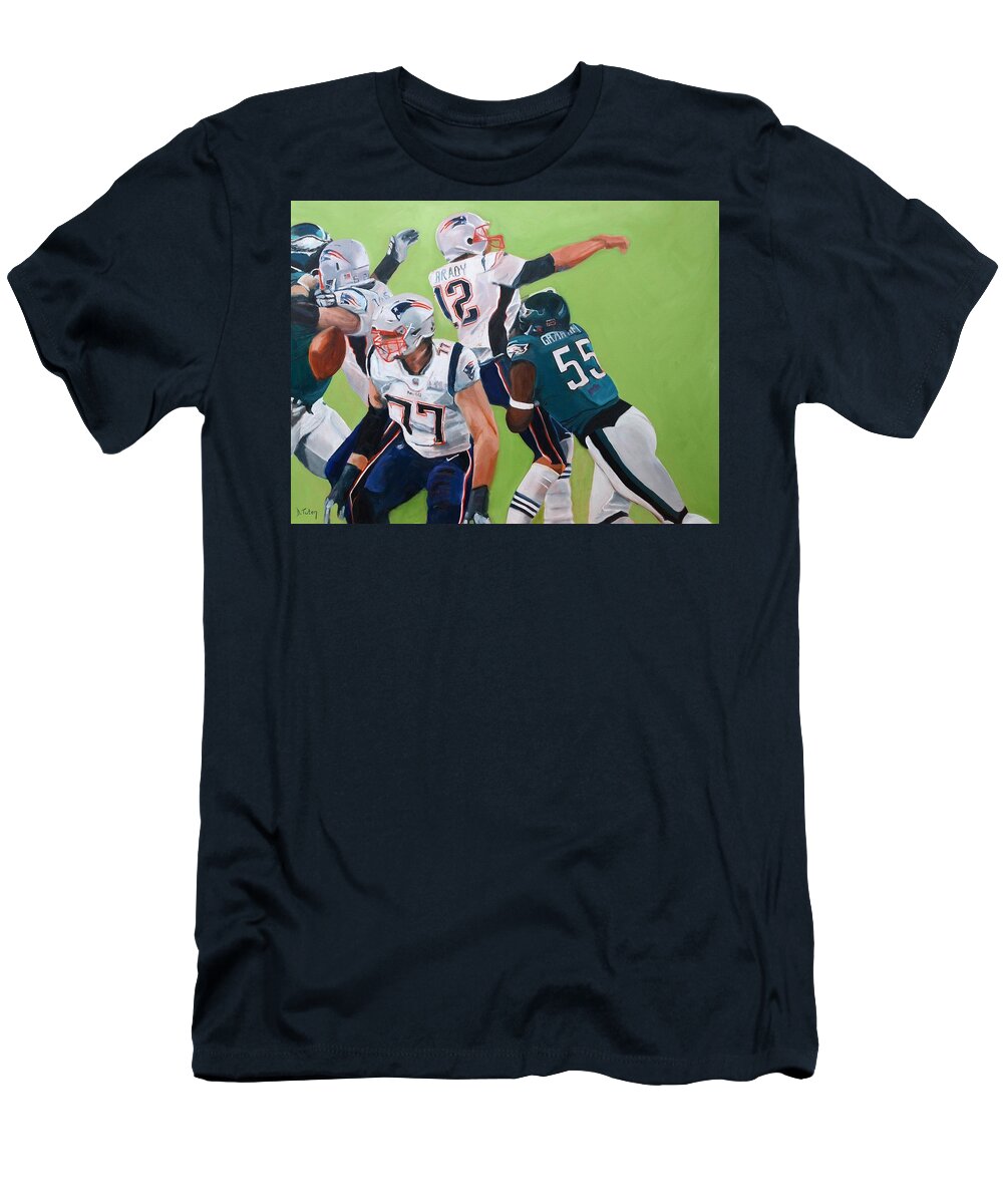 Football T-Shirt featuring the painting Philadelphia Eagles Strip-Sack of Tom Brady in Super Bowl LII by Donna Tuten