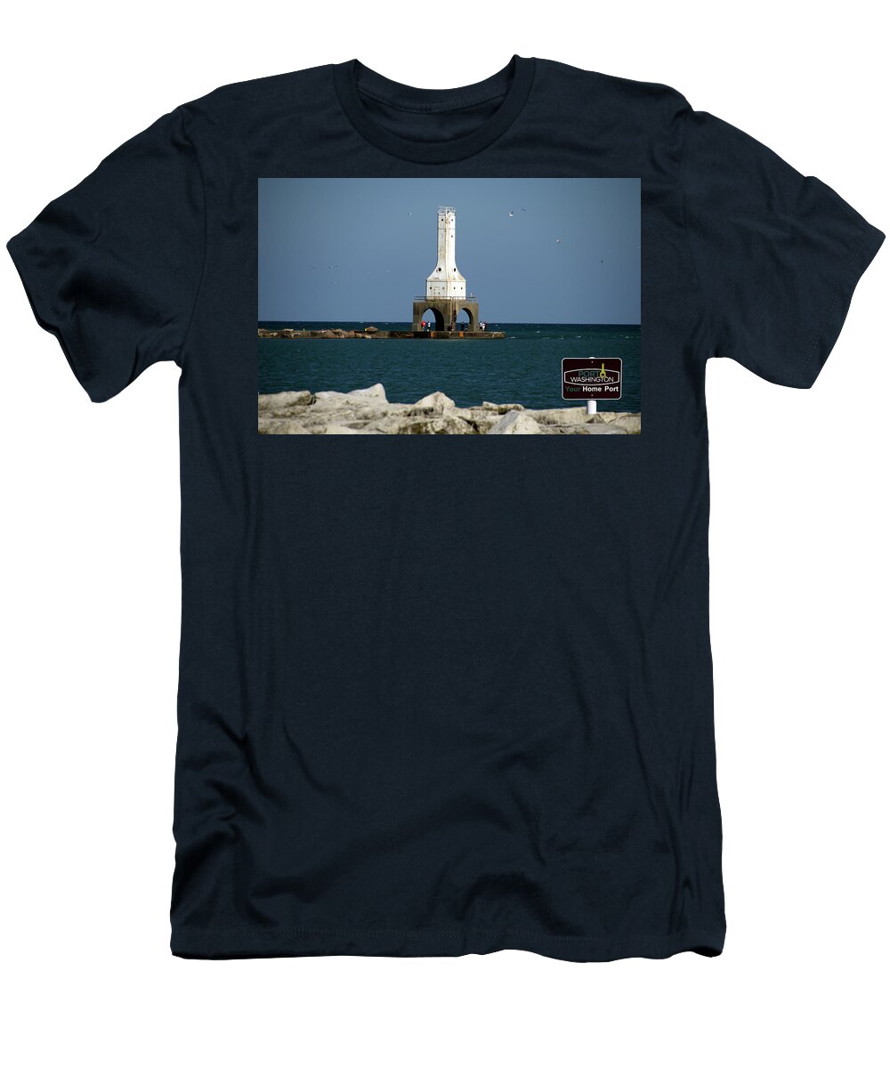 Lighthouse T-Shirt featuring the photograph Port Washington Lighthouse Wisconsin 01 Signage by Thomas Woolworth