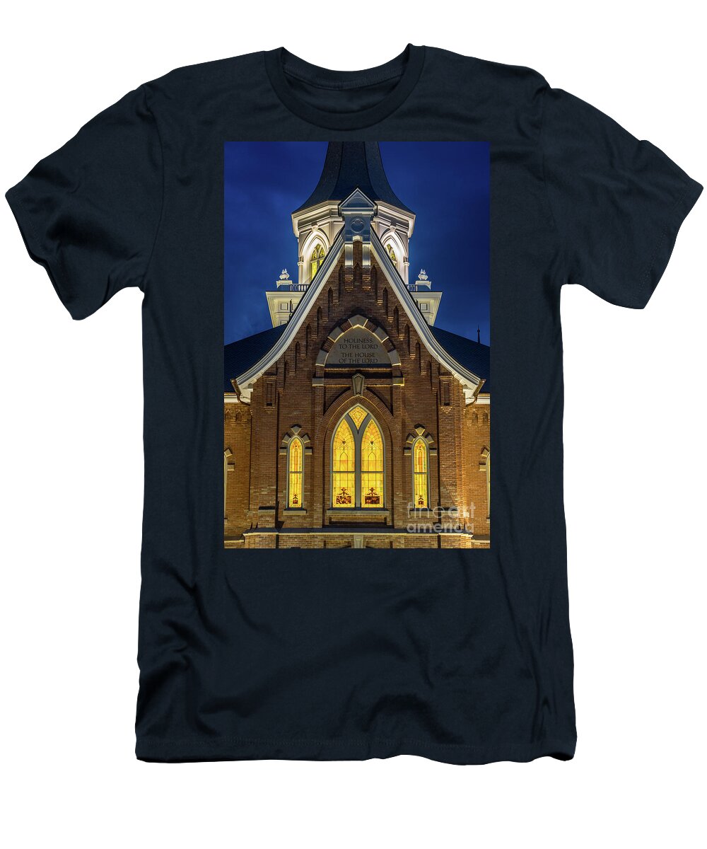 Provo T-Shirt featuring the photograph Provo City Center Temple Close-up at Night - Utah by Gary Whitton