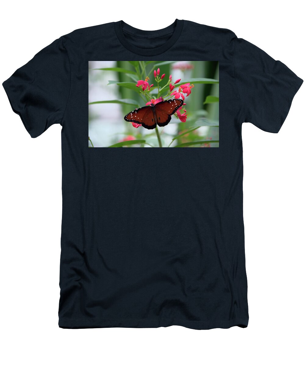Butterfly T-Shirt featuring the photograph Queen Butterfly on Red Flowers by Artful Imagery
