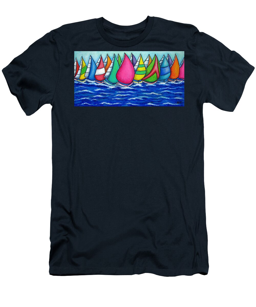  Boats T-Shirt featuring the painting Rainbow Regatta by Lisa Lorenz