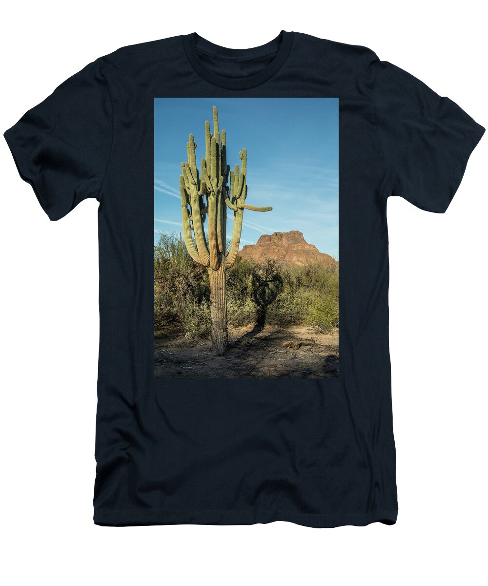 Red T-Shirt featuring the photograph Red Mountain and Saguaro Shadow 2439-032118-cr by Tam Ryan