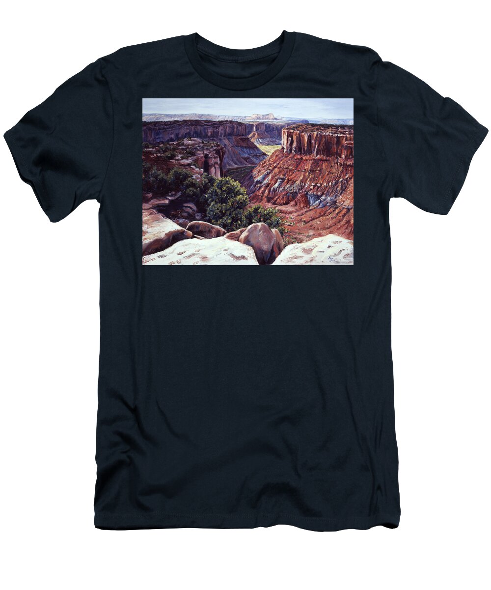 Landscape T-Shirt featuring the painting Rimrocked No Way Down by Page Holland