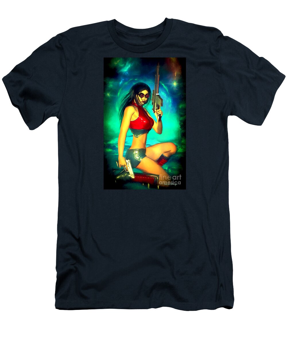 Sci-fi T-Shirt featuring the digital art Sci-Fi Brunette With Two Guns by Alicia Hollinger