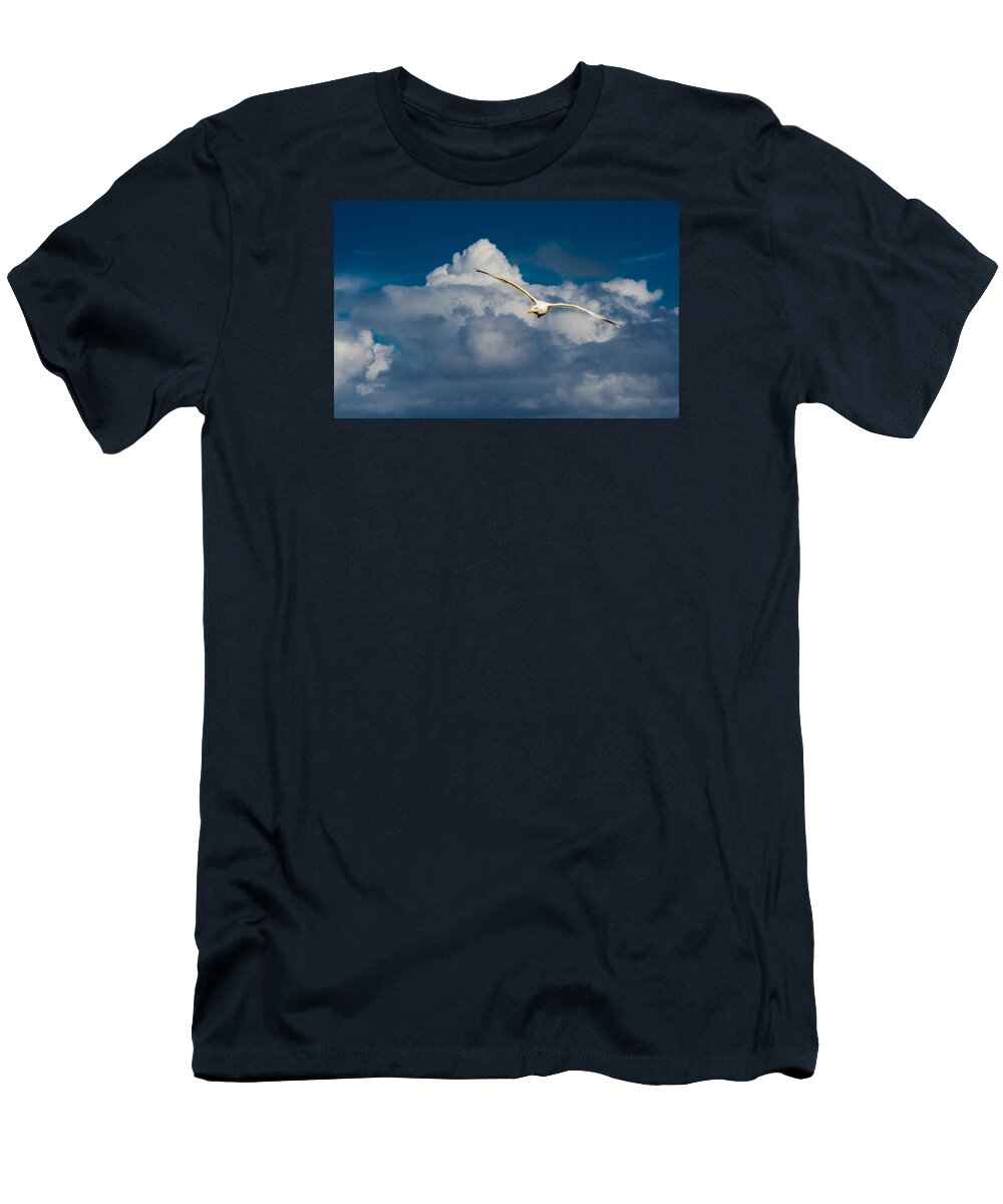 Seagull T-Shirt featuring the photograph Seagull High Over the Clouds by Andreas Berthold