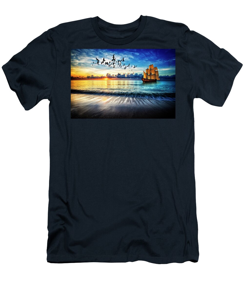 Boats T-Shirt featuring the photograph Setting Sail at Dawn by Debra and Dave Vanderlaan