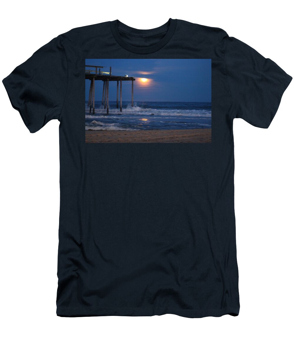 Planet T-Shirt featuring the photograph Snow Moon at the OC Fishing Pier by Robert Banach