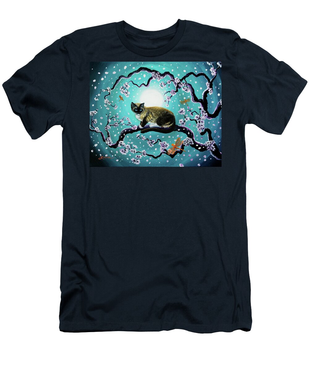 Siamese T-Shirt featuring the painting Snowshoe Cat and Dragonfly in Sakura by Laura Iverson