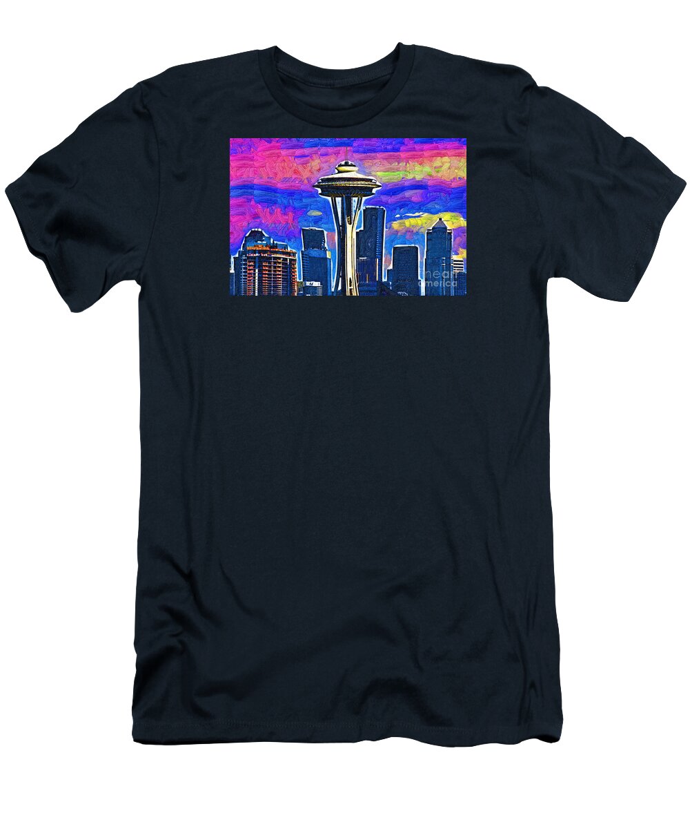 Space Needle T-Shirt featuring the digital art Space Needle Colorful Sky by Kirt Tisdale