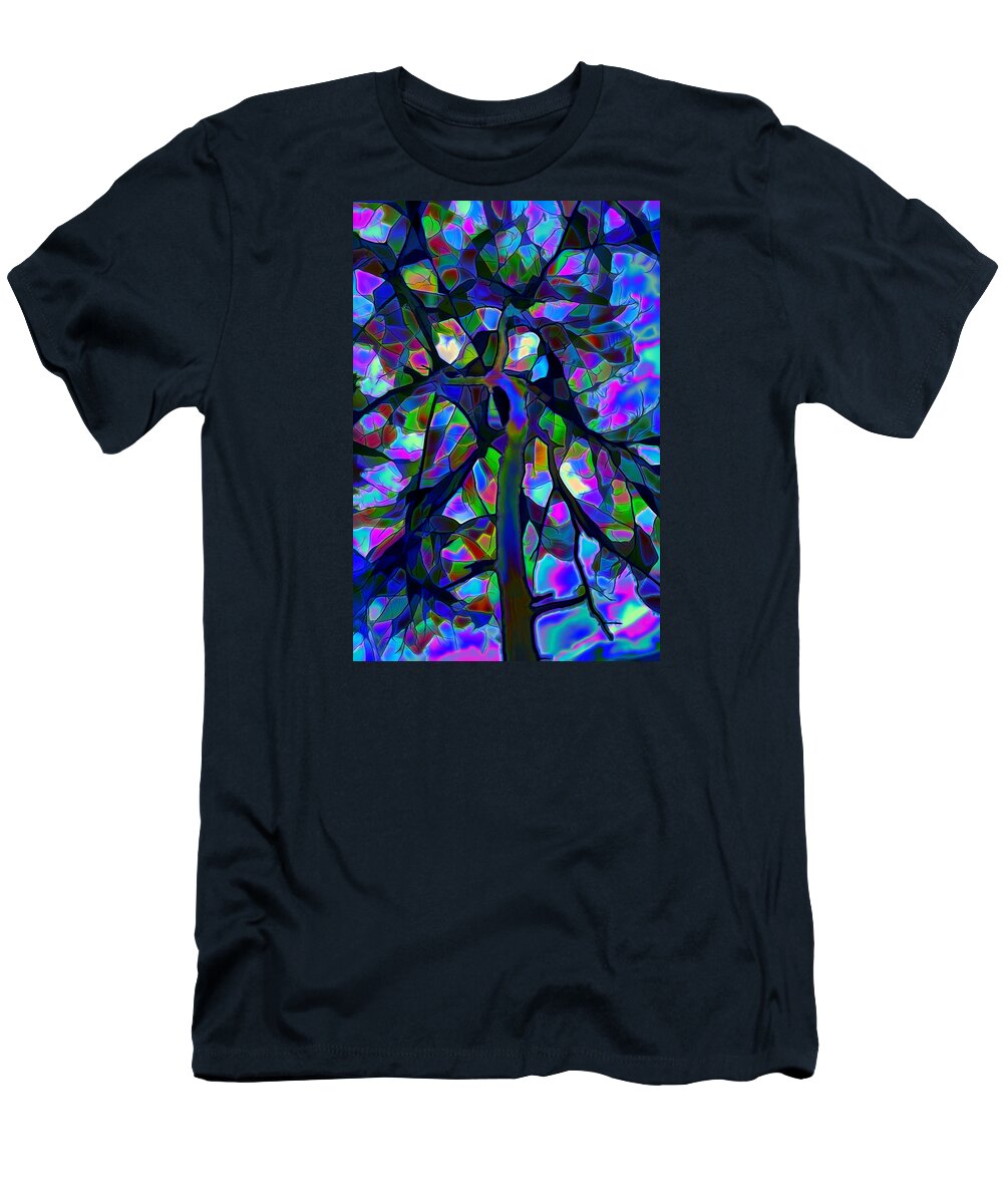 Blue T-Shirt featuring the digital art Stained Glass Tree by Lilia S
