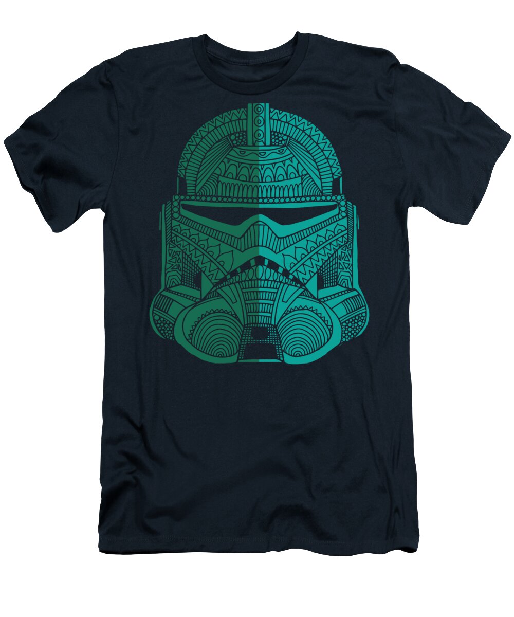 Stormtrooper T-Shirt featuring the mixed media Stormtrooper Helmet - Star Wars Art - Blue Green by Studio Grafiikka
