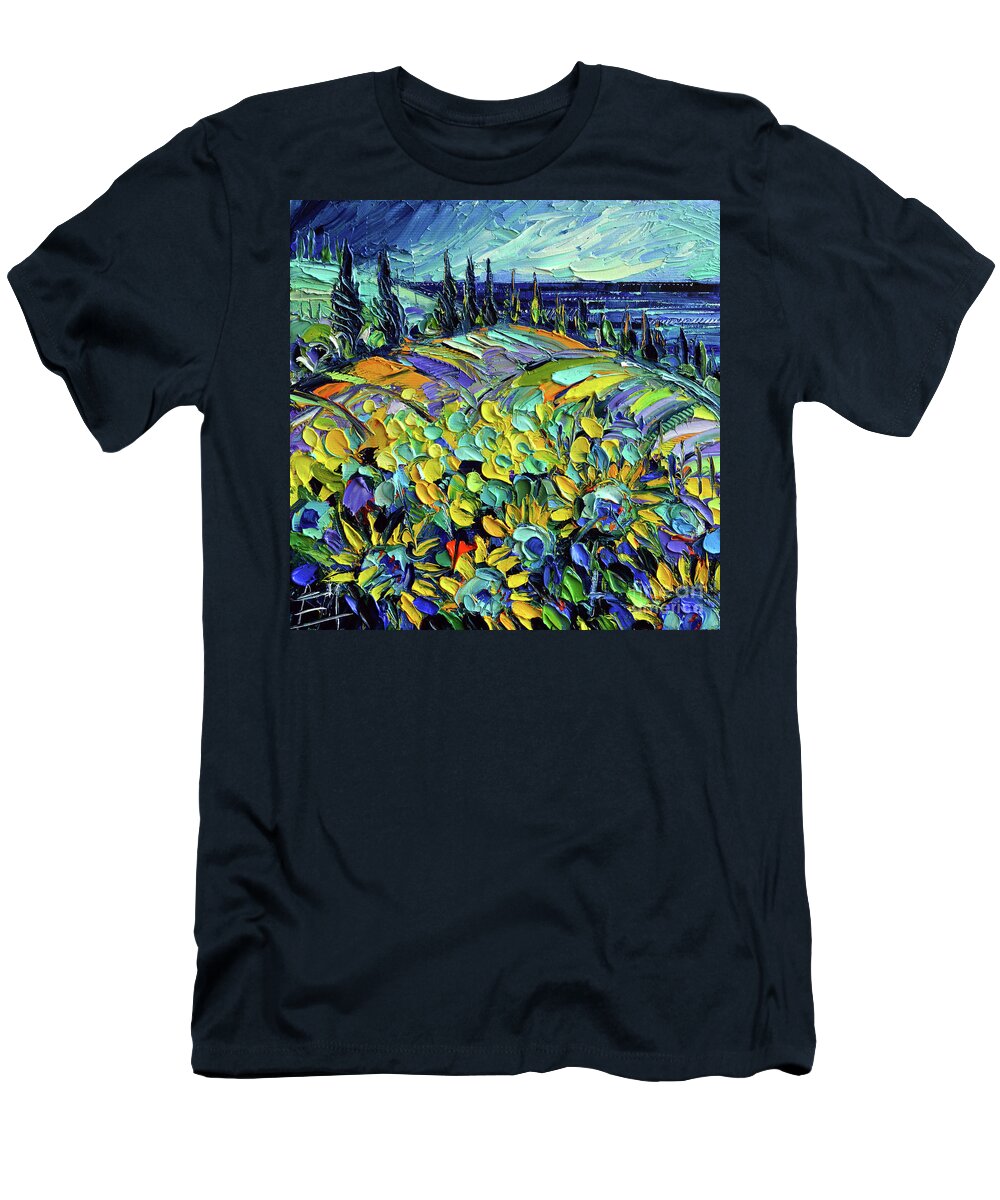 Sunflowers Field By The Sea T-Shirt featuring the painting Sunflowers field by the sea - modern impressionist impasto palette knife oil painting by Mona Edulesco
