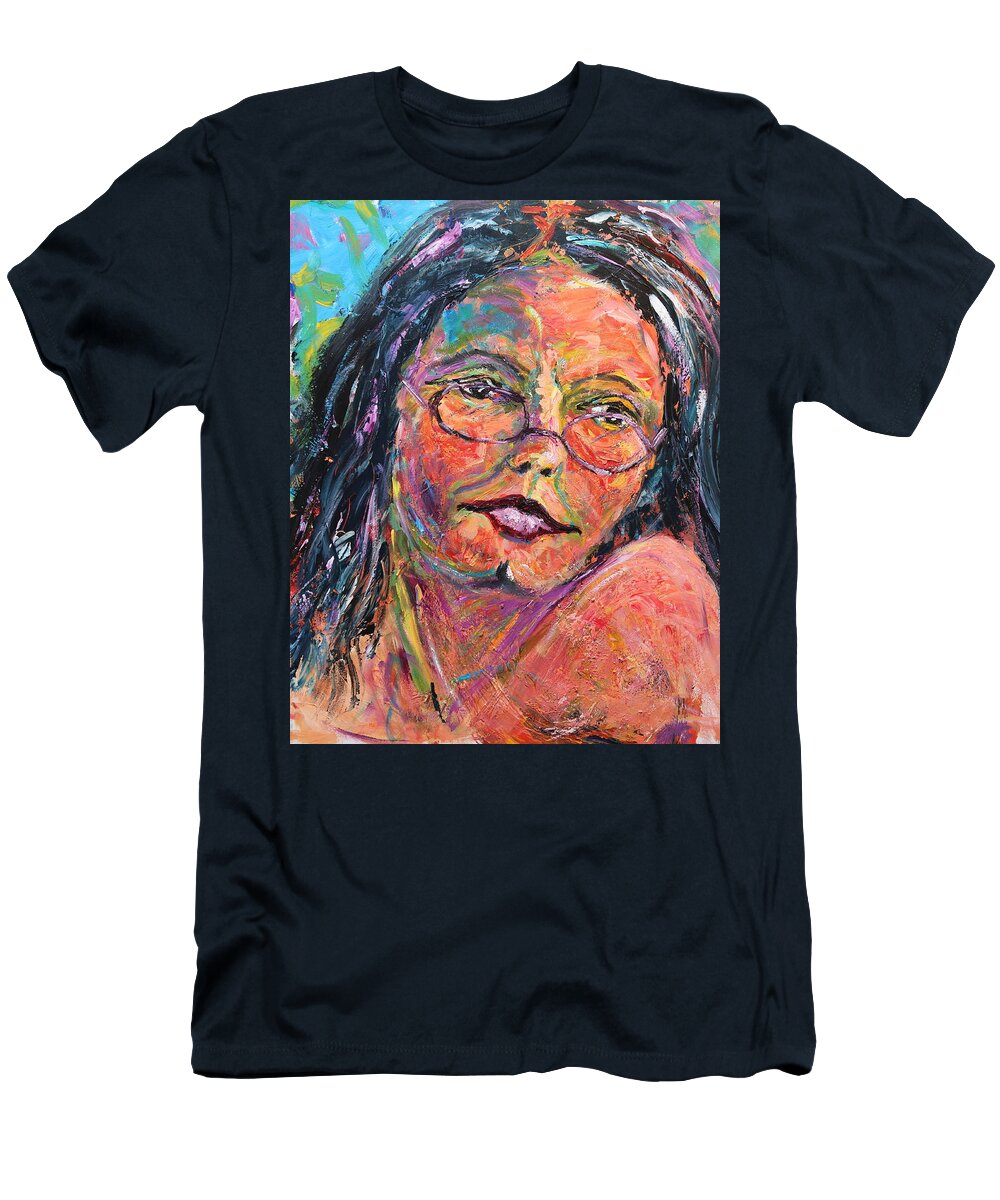 Portrait T-Shirt featuring the painting Tell me more by Madeleine Shulman