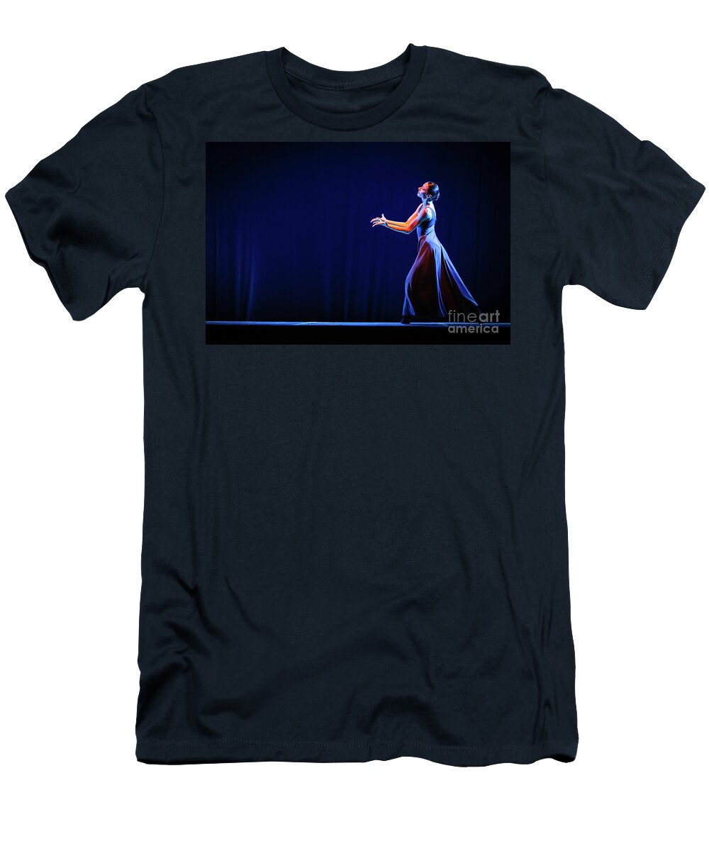 Ballet T-Shirt featuring the photograph The beautiful ballerina dancing in blue long dress by Dimitar Hristov